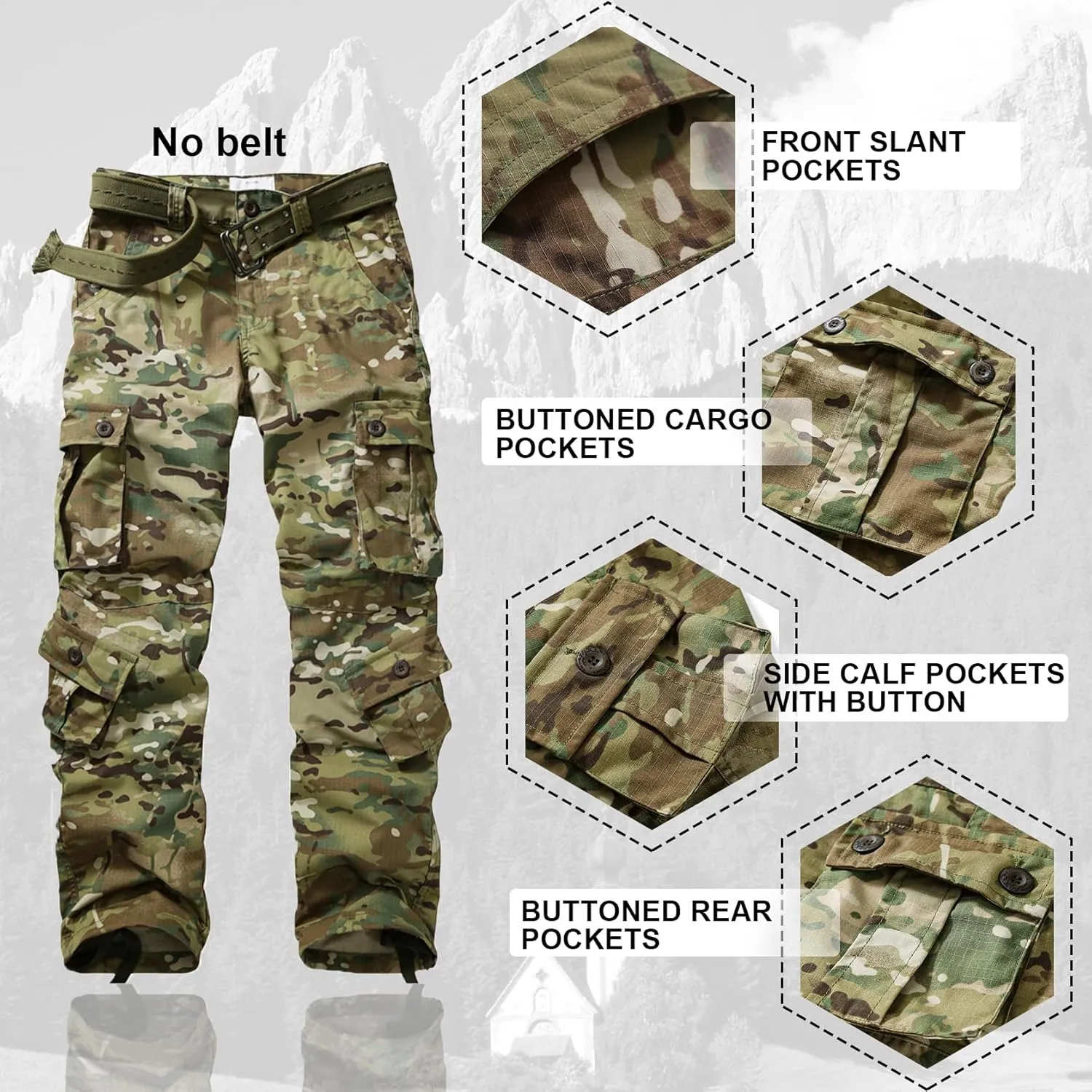 Men's Hiking Pants Waterproof Camo Work Cargo Pants Relaxed Fit Ripstop Tactical Pants with 8 Pockets No Belt