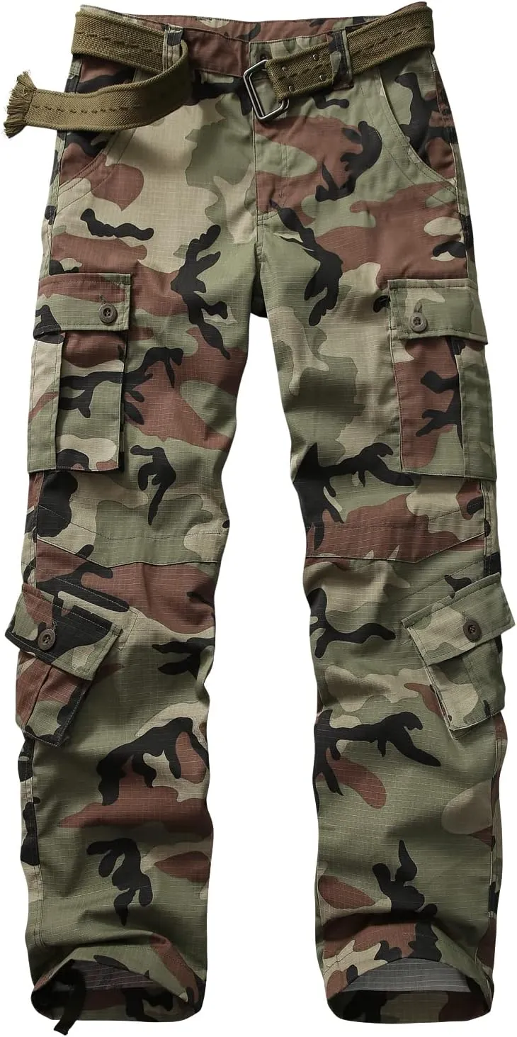 Men's Hiking Pants Waterproof Camo Work Cargo Pants Relaxed Fit Ripstop Tactical Pants with 8 Pockets No Belt