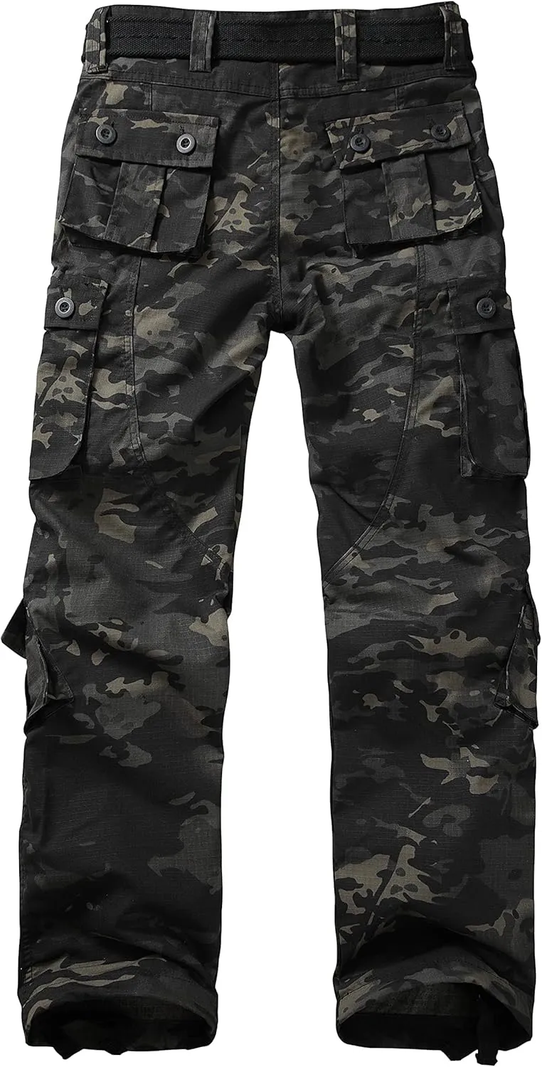 Men's Hiking Pants Waterproof Camo Work Cargo Pants Relaxed Fit Ripstop Tactical Pants with 8 Pockets No Belt