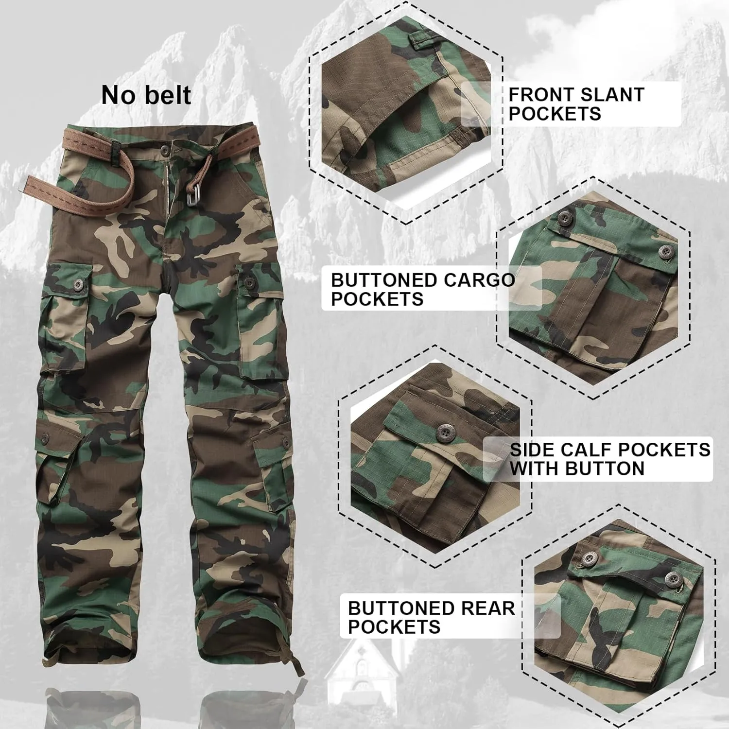 Men's Hiking Pants Waterproof Camo Work Cargo Pants Relaxed Fit Ripstop Tactical Pants with 8 Pockets No Belt
