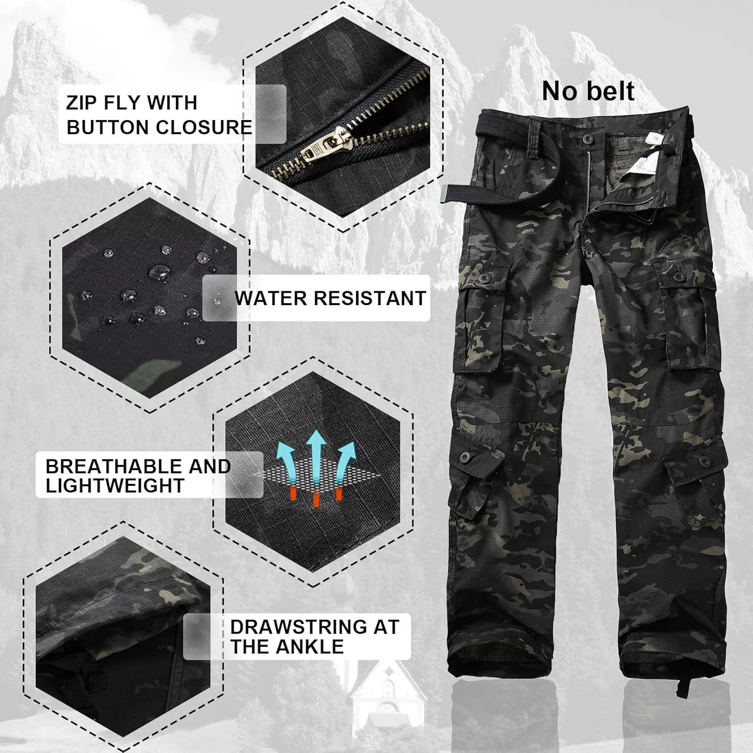 Men's Hiking Pants Waterproof Camo Work Cargo Pants Relaxed Fit Ripstop Tactical Pants with 8 Pockets No Belt