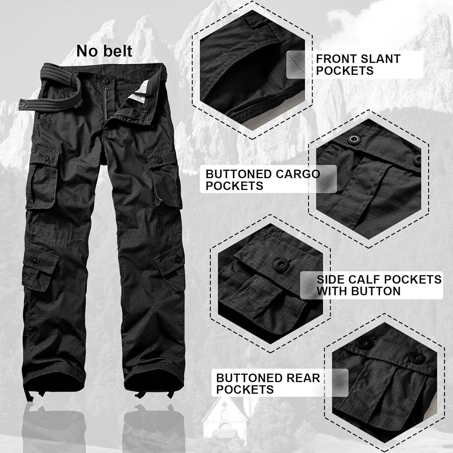 Men's Hiking Pants Waterproof Camo Work Cargo Pants Relaxed Fit Ripstop Tactical Pants with 8 Pockets No Belt