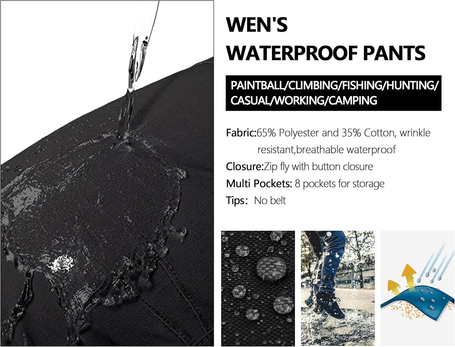 Men's Hiking Pants Waterproof Camo Work Cargo Pants Relaxed Fit Ripstop Tactical Pants with 8 Pockets No Belt