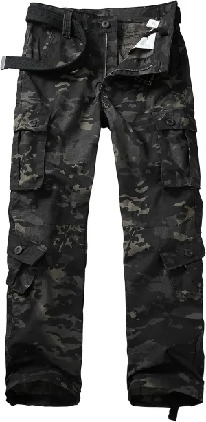 Men's Hiking Pants Waterproof Camo Work Cargo Pants Relaxed Fit Ripstop Tactical Pants with 8 Pockets No Belt