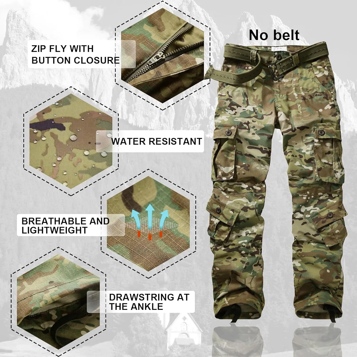 Men's Hiking Pants Waterproof Camo Work Cargo Pants Relaxed Fit Ripstop Tactical Pants with 8 Pockets No Belt