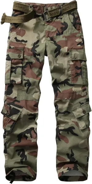 Men's Hiking Pants Waterproof Camo Work Cargo Pants Relaxed Fit Ripstop Tactical Pants with 8 Pockets No Belt