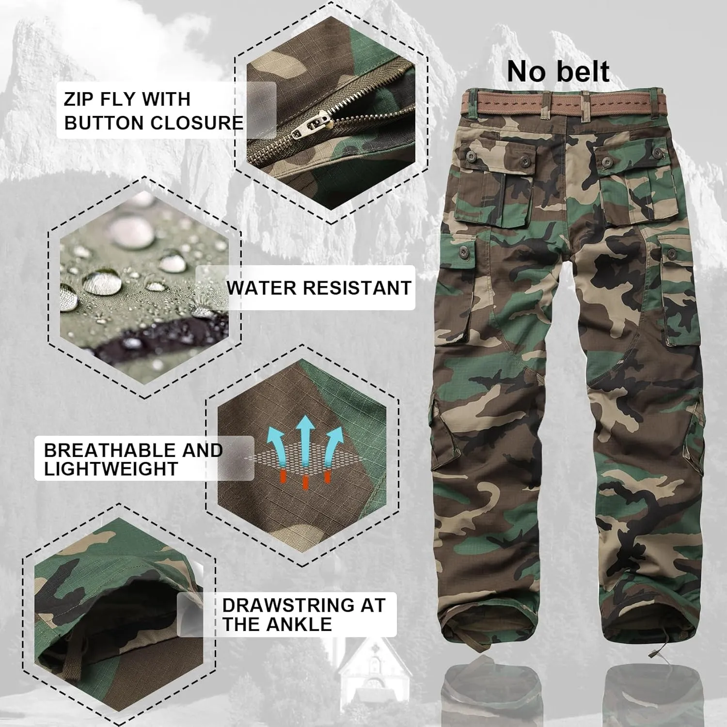 Men's Hiking Pants Waterproof Camo Work Cargo Pants Relaxed Fit Ripstop Tactical Pants with 8 Pockets No Belt