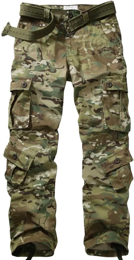Men's Hiking Pants Waterproof Camo Work Cargo Pants Relaxed Fit Ripstop Tactical Pants with 8 Pockets No Belt