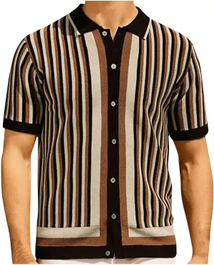 Mens Knitted Shirts Short Sleeve Vintage Striped Shirt Color Block Textured Lightweight Button Down Cardigans Tops