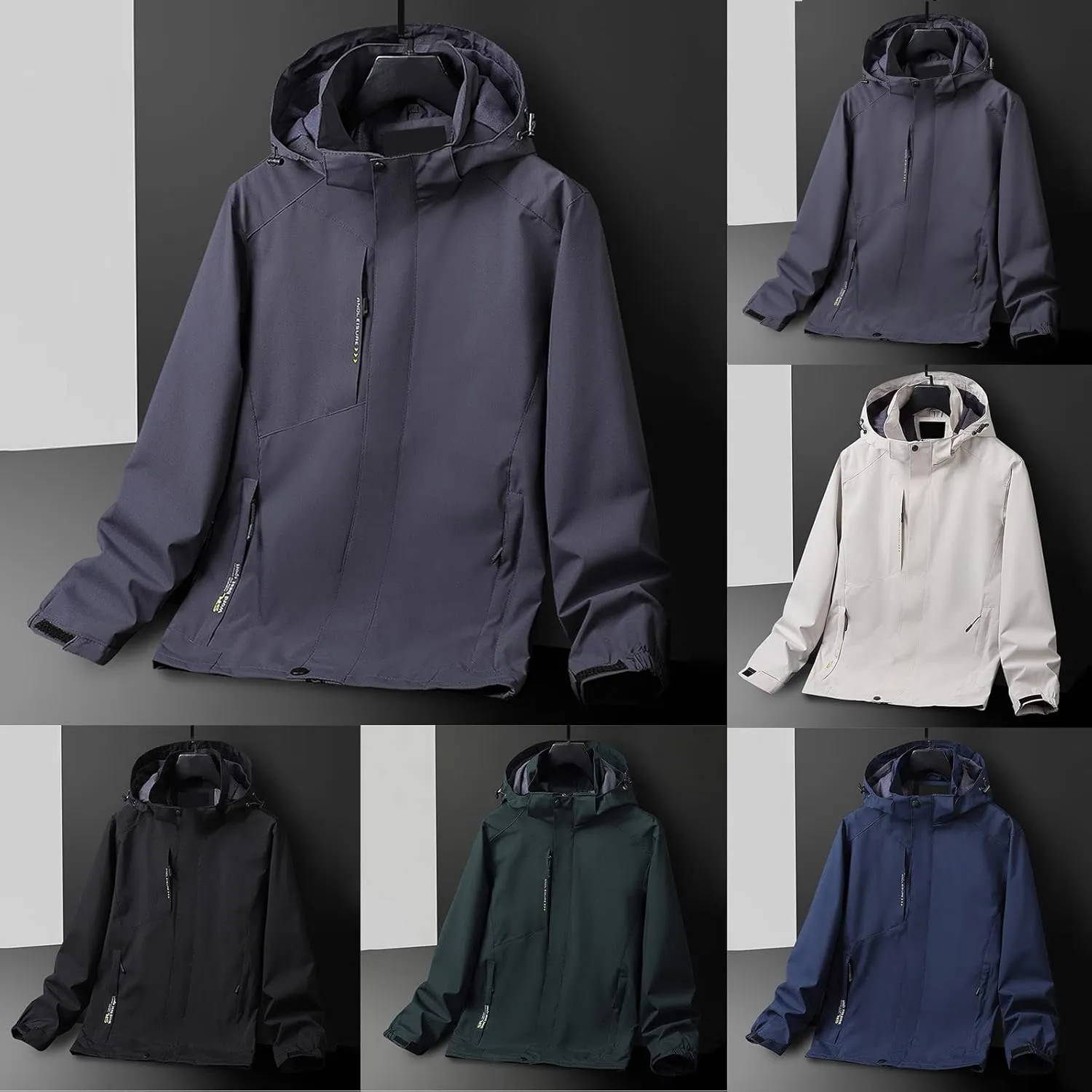Men's Lightweight Waterproof Rain Jacket Detachable Hoodie Zip Up Raincoat Solid Hiking Windbreaker Shell Jacket