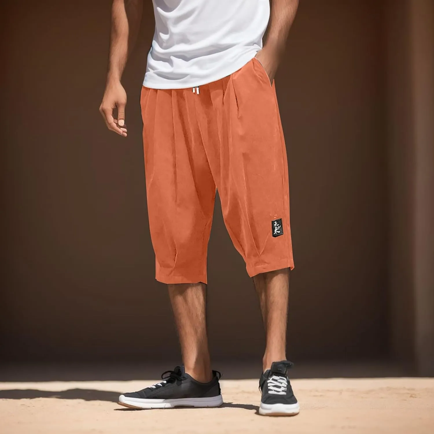 Men's Linen Cotton Capri Pants Loose Fit Elastic Waist Wide Leg Baggy Harem Pants Elastic Waist Casual Beach Yoga Trousers