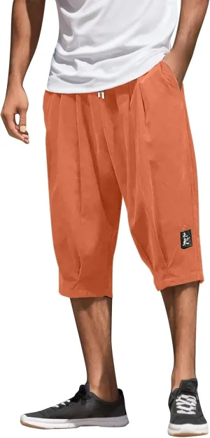 Men's Linen Cotton Capri Pants Loose Fit Elastic Waist Wide Leg Baggy Harem Pants Elastic Waist Casual Beach Yoga Trousers