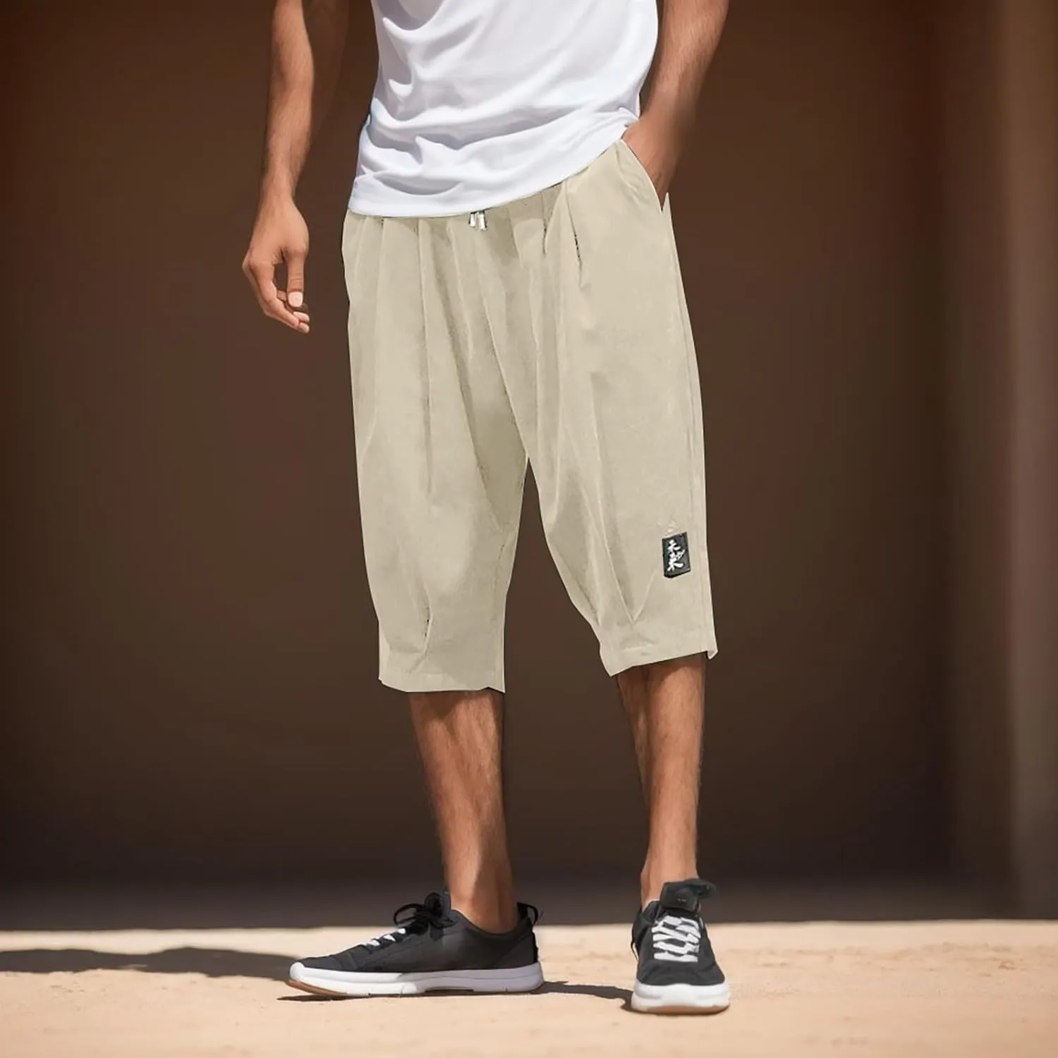 Men's Linen Cotton Capri Pants Loose Fit Elastic Waist Wide Leg Baggy Harem Pants Elastic Waist Casual Beach Yoga Trousers