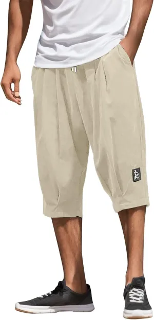 Men's Linen Cotton Capri Pants Loose Fit Elastic Waist Wide Leg Baggy Harem Pants Elastic Waist Casual Beach Yoga Trousers