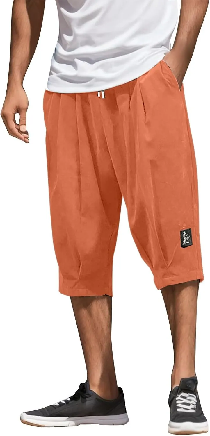 Men's Linen Cotton Capri Pants Loose Fit Elastic Waist Wide Leg Baggy Harem Pants Elastic Waist Casual Beach Yoga Trousers