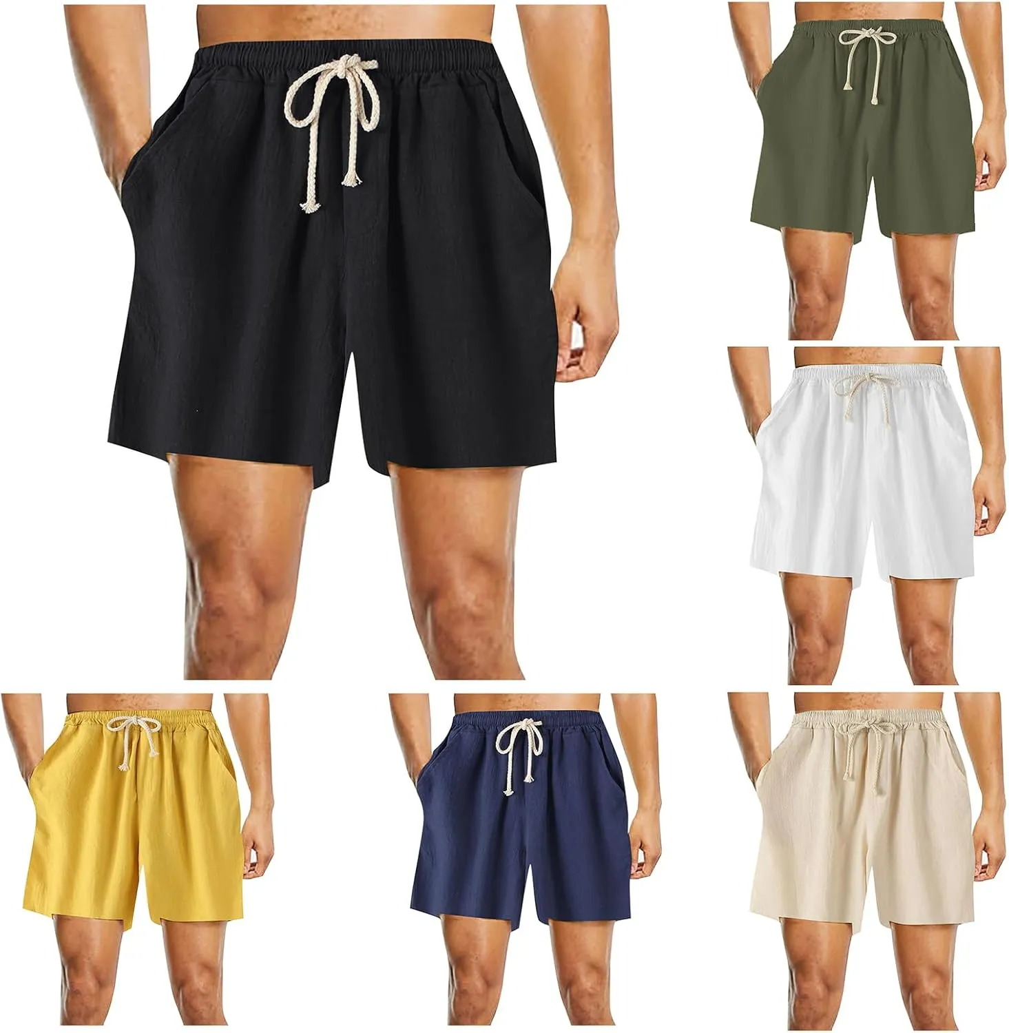 Men's Linen Shorts Casual Elastic Relaxed Fit Drawstring Lounge Shorts Summer Lightweight Beach Hawaii Shorts for Men