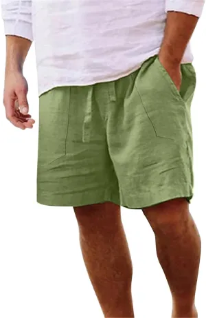 Men's Linen Shorts Casual Summer Beach Shorts Elastic Waist Drawstring Vacation Shorts with Pockets