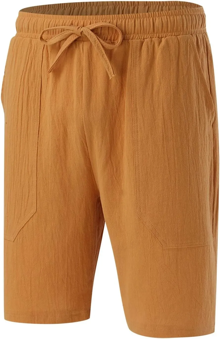 Men's Linen Shorts Casual Summer Beach Shorts Elastic Waist Drawstring Vacation Shorts with Pockets
