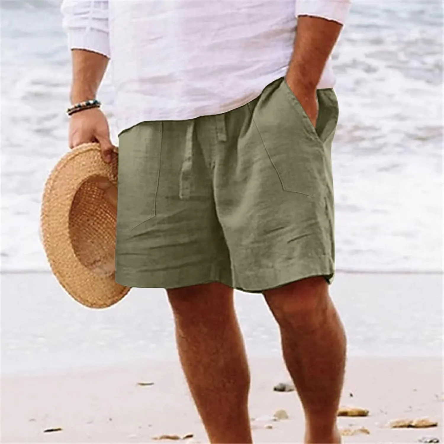 Men's Linen Shorts Casual Summer Beach Shorts Elastic Waist Drawstring Vacation Shorts with Pockets