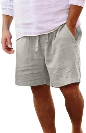 Men's Linen Shorts Casual Summer Beach Shorts Elastic Waist Drawstring Vacation Shorts with Pockets