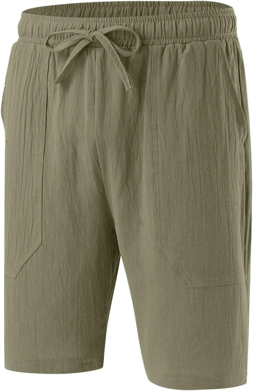 Men's Linen Shorts Casual Summer Beach Shorts Elastic Waist Drawstring Vacation Shorts with Pockets