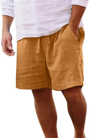 Men's Linen Shorts Casual Summer Beach Shorts Elastic Waist Drawstring Vacation Shorts with Pockets