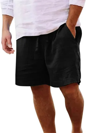 Men's Linen Shorts Casual Summer Beach Shorts Elastic Waist Drawstring Vacation Shorts with Pockets