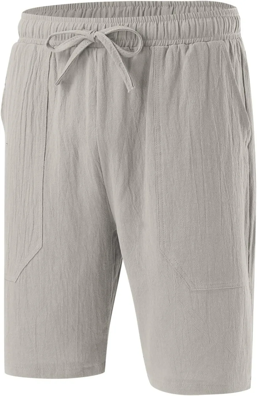 Men's Linen Shorts Casual Summer Beach Shorts Elastic Waist Drawstring Vacation Shorts with Pockets