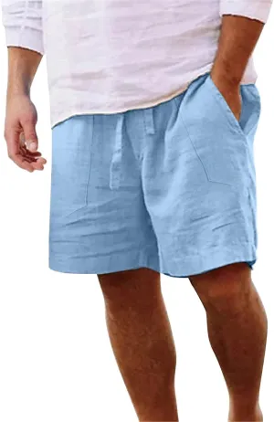Men's Linen Shorts Casual Summer Beach Shorts Elastic Waist Drawstring Vacation Shorts with Pockets