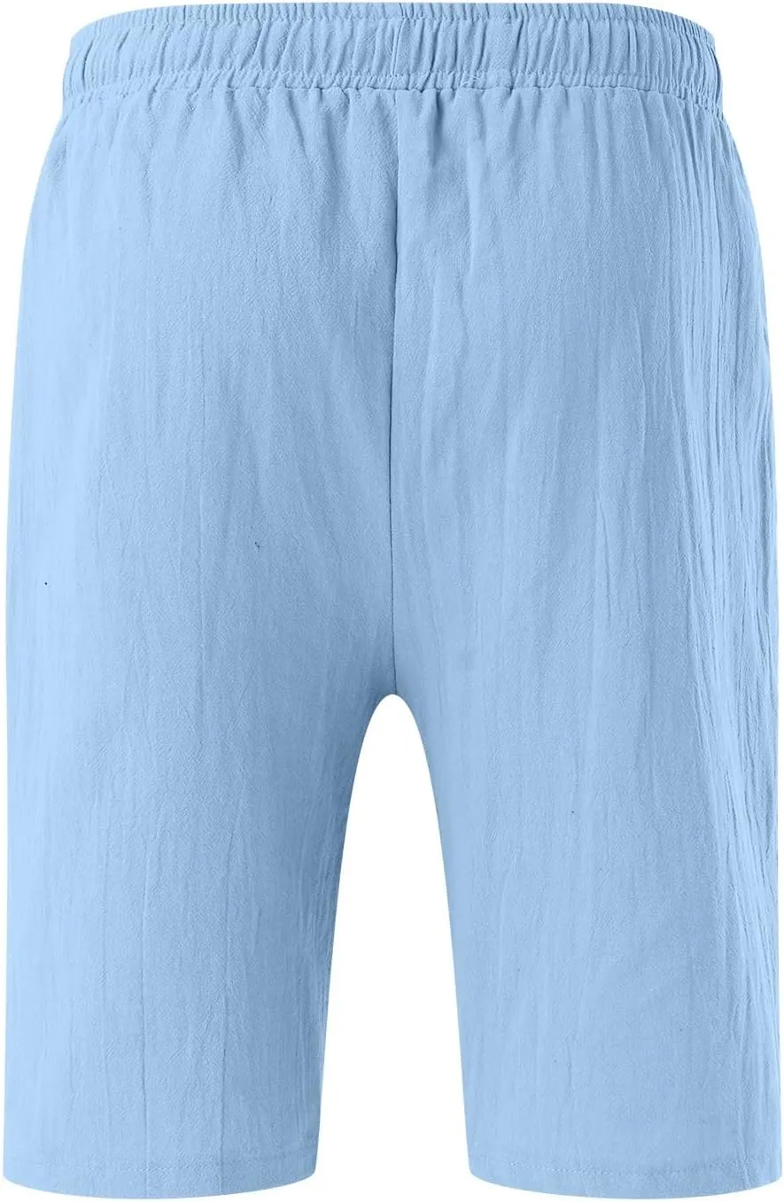 Men's Linen Shorts Casual Summer Beach Shorts Elastic Waist Drawstring Vacation Shorts with Pockets