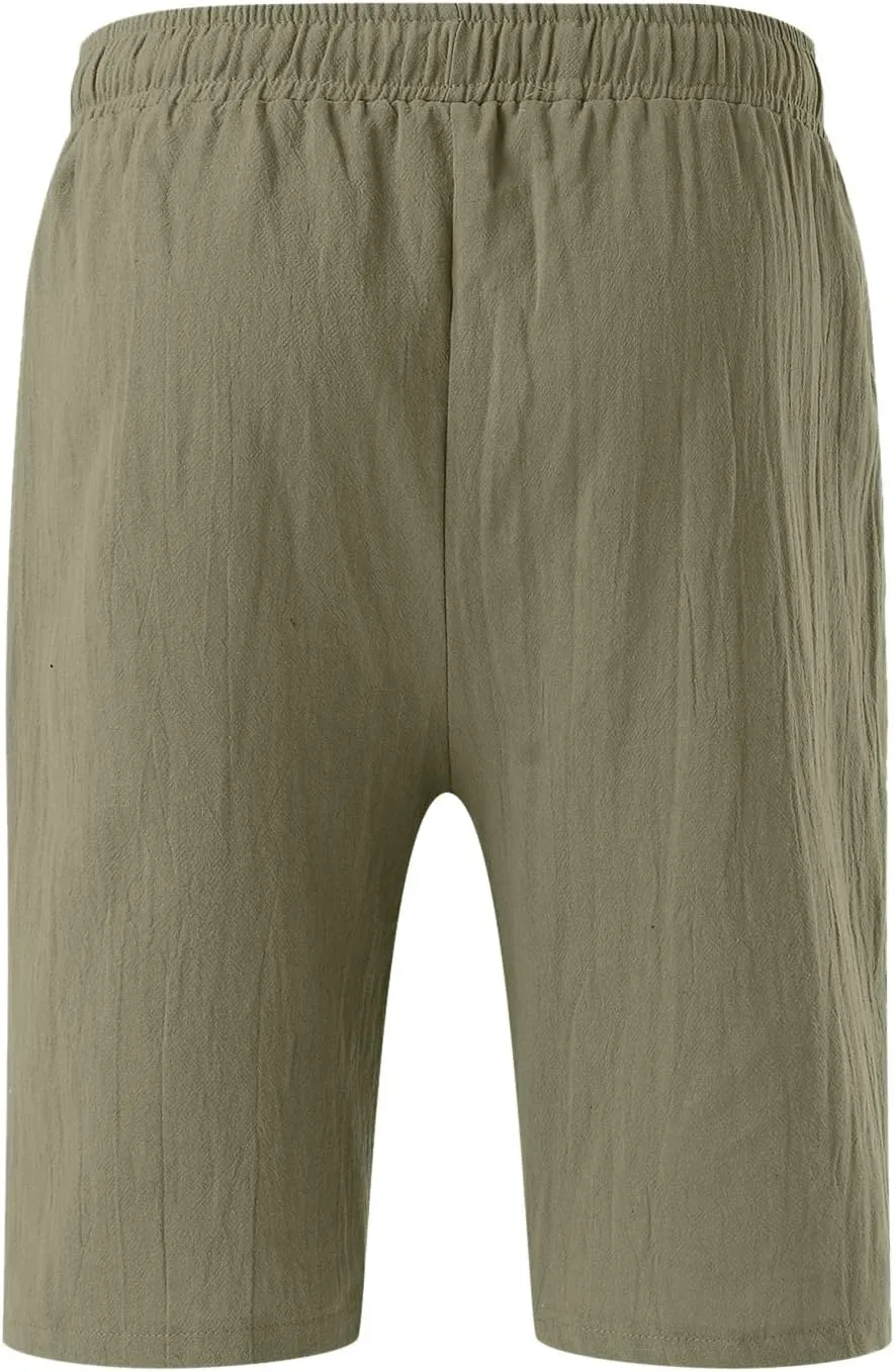 Men's Linen Shorts Casual Summer Beach Shorts Elastic Waist Drawstring Vacation Shorts with Pockets
