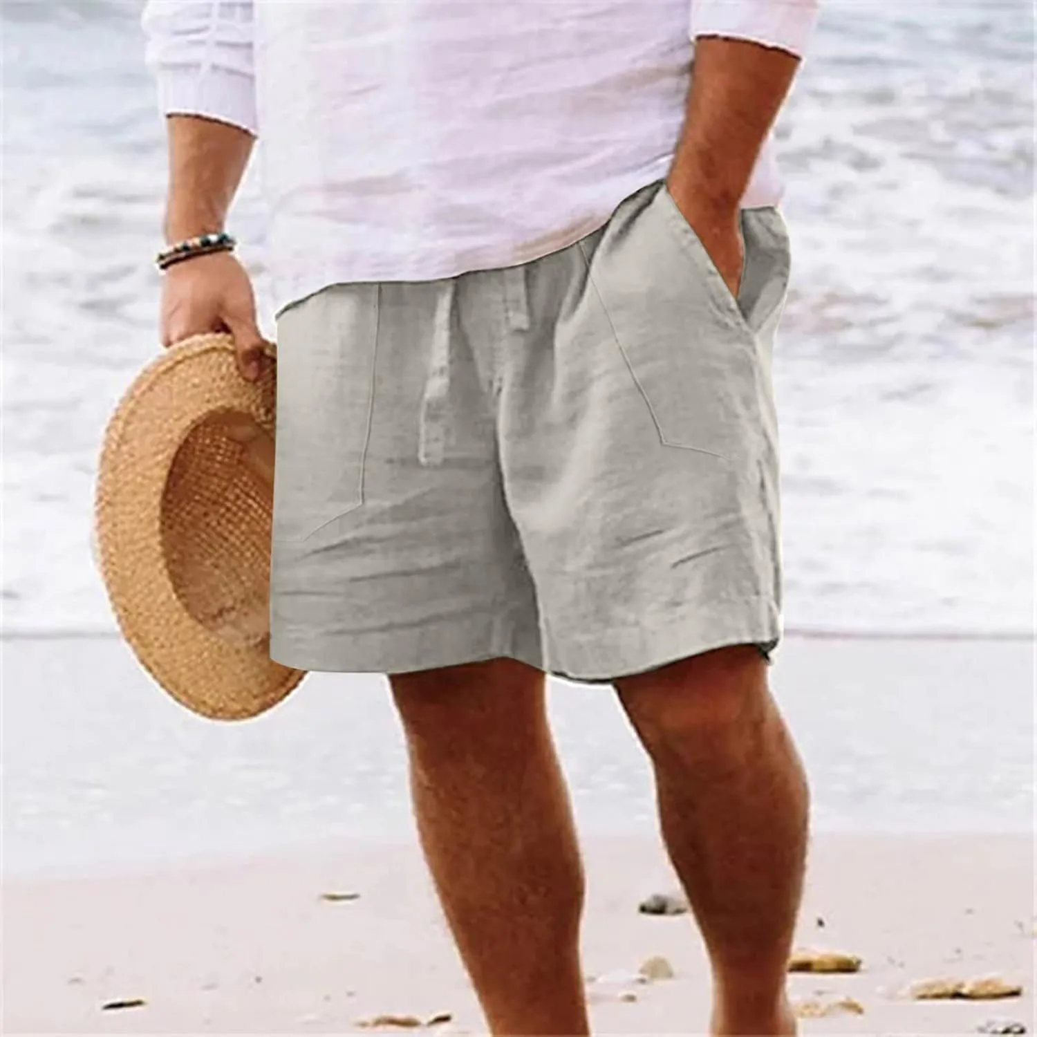 Men's Linen Shorts Casual Summer Beach Shorts Elastic Waist Drawstring Vacation Shorts with Pockets