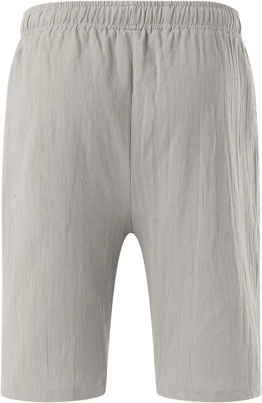 Men's Linen Shorts Casual Summer Beach Shorts Elastic Waist Drawstring Vacation Shorts with Pockets