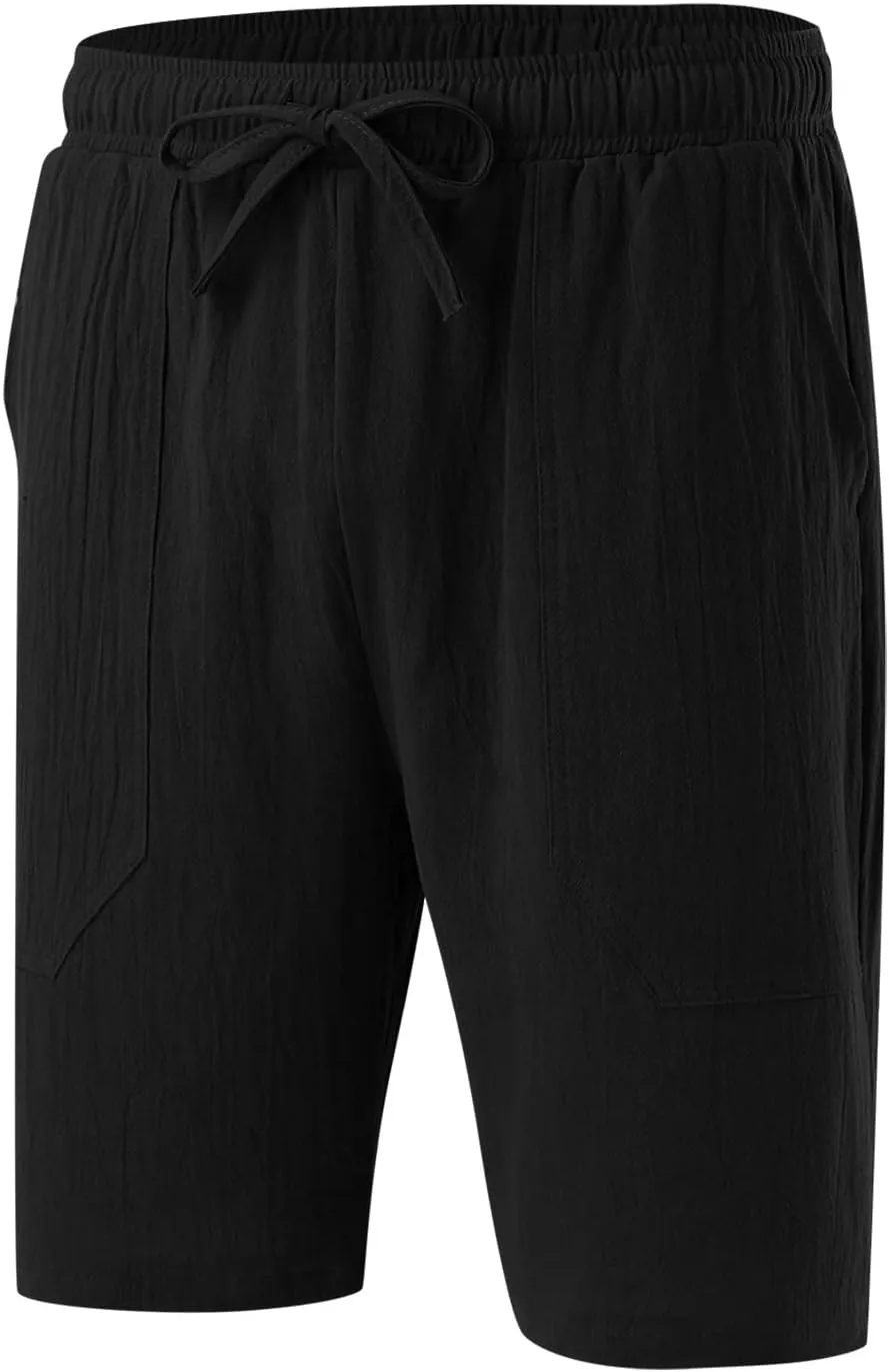 Men's Linen Shorts Casual Summer Beach Shorts Elastic Waist Drawstring Vacation Shorts with Pockets