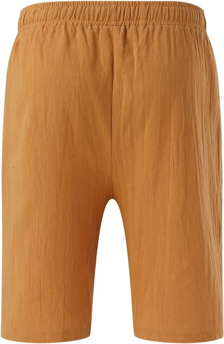 Men's Linen Shorts Casual Summer Beach Shorts Elastic Waist Drawstring Vacation Shorts with Pockets