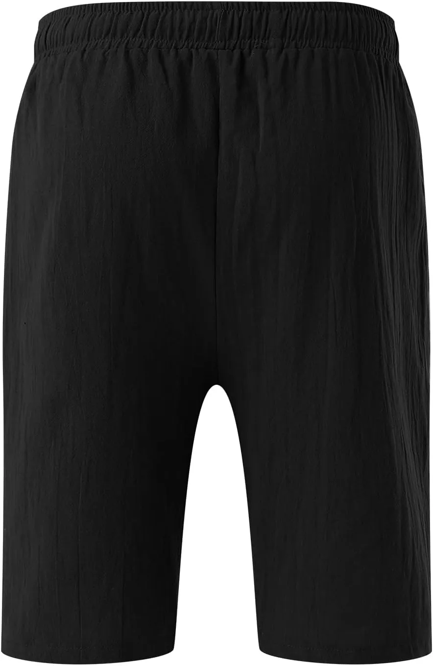 Men's Linen Shorts Casual Summer Beach Shorts Elastic Waist Drawstring Vacation Shorts with Pockets