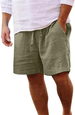 Men's Linen Shorts Casual Summer Beach Shorts Elastic Waist Drawstring Vacation Shorts with Pockets