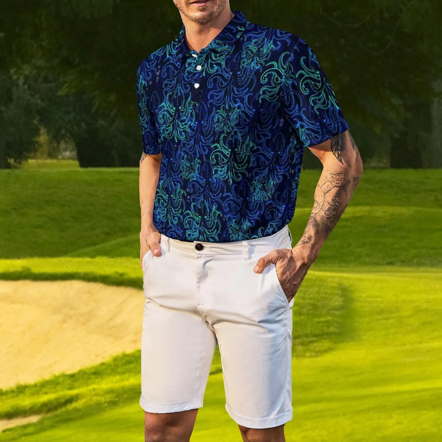 Men's Polo Shirt Short Sleeve Funny Printed Hawaiian Golf Shirts Workout Basic Fit Moisture Wicking Beach Wrok Tops