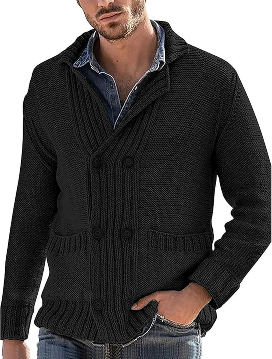 Mens Shawl Collar Cardigan Sweater Cable Knit Button Down Cardigans Casual Winter Chunky Sweaters with Pockets