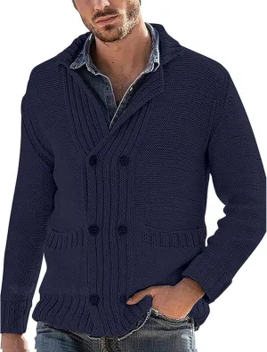 Mens Shawl Collar Cardigan Sweater Cable Knit Button Down Cardigans Casual Winter Chunky Sweaters with Pockets