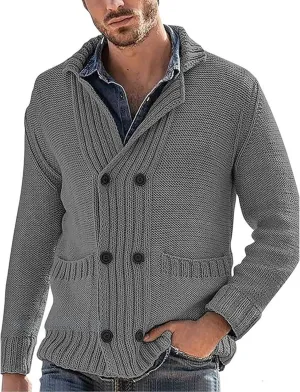 Mens Shawl Collar Cardigan Sweater Cable Knit Button Down Cardigans Casual Winter Chunky Sweaters with Pockets