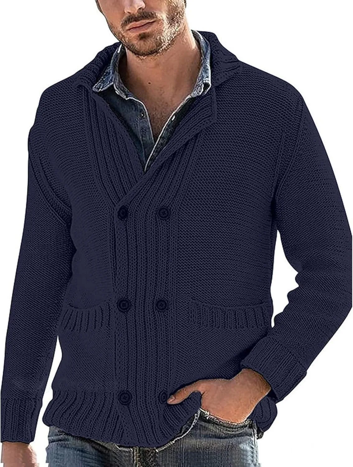 Mens Shawl Collar Cardigan Sweater Cable Knit Button Down Cardigans Casual Winter Chunky Sweaters with Pockets