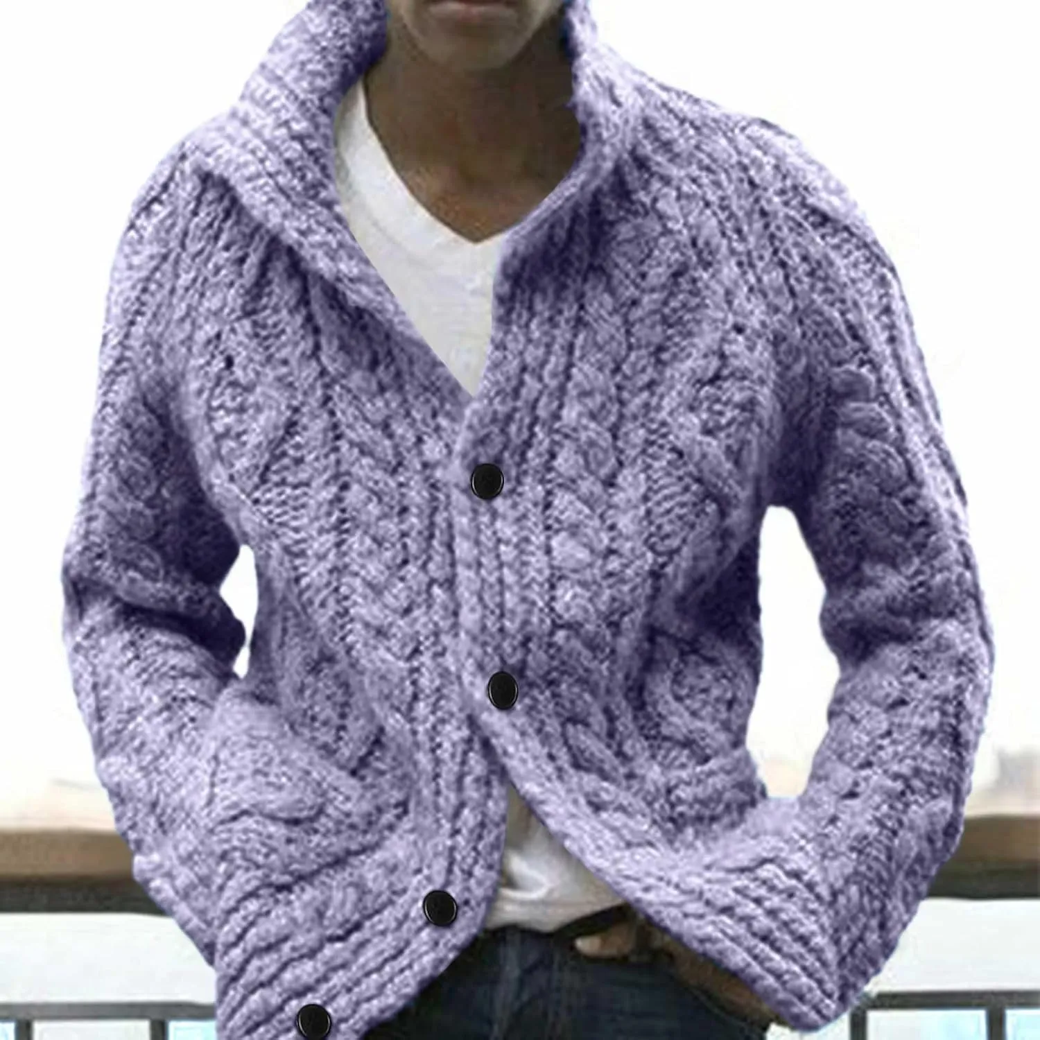 Mens Shawl Collar Cardigan Sweater Cable Knitted Button Down Solid Color Sweaters Chunky Fall Winter Outwear