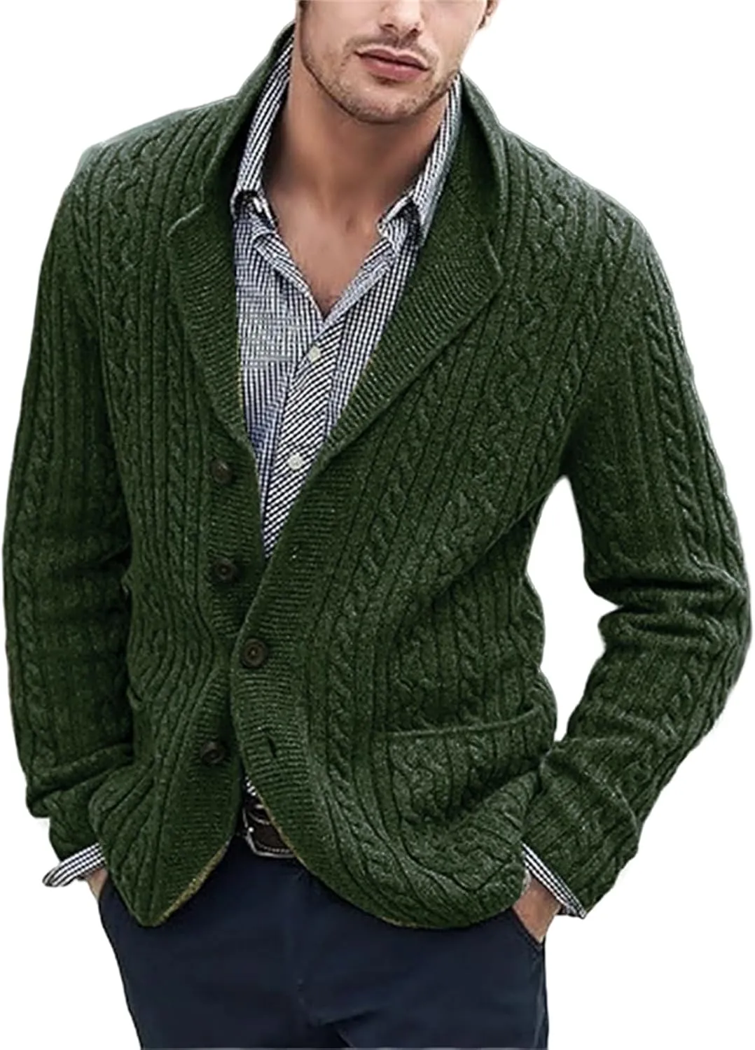 Men's Shawl Collar Sweater Cardigans Casual Cable Knit Button Down Winter Chunky Ribbed Sweaters