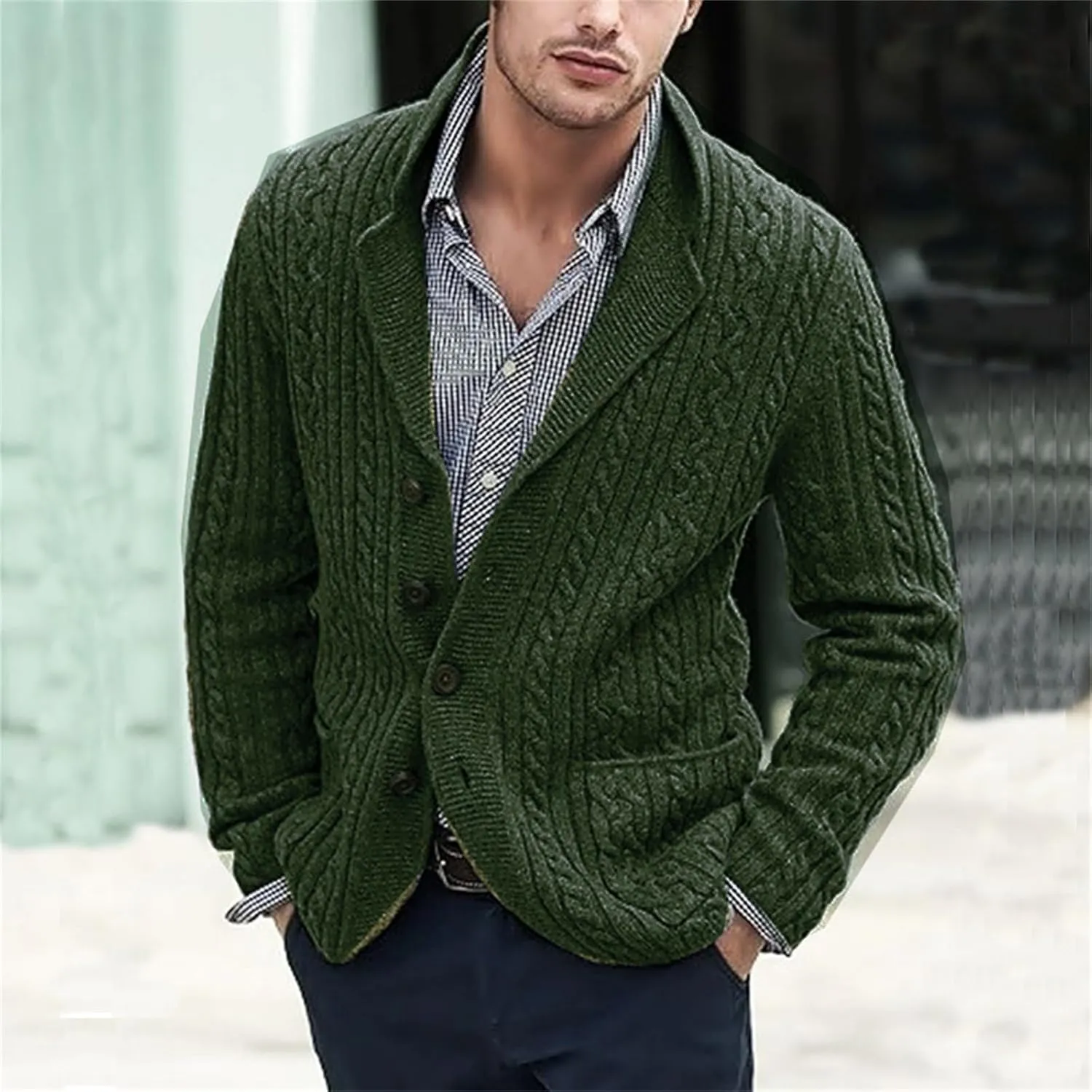 Men's Shawl Collar Sweater Cardigans Casual Cable Knit Button Down Winter Chunky Ribbed Sweaters