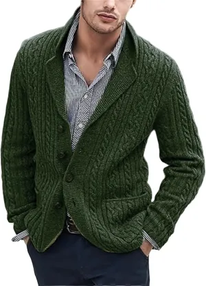 Men's Shawl Collar Sweater Cardigans Casual Cable Knit Button Down Winter Chunky Ribbed Sweaters