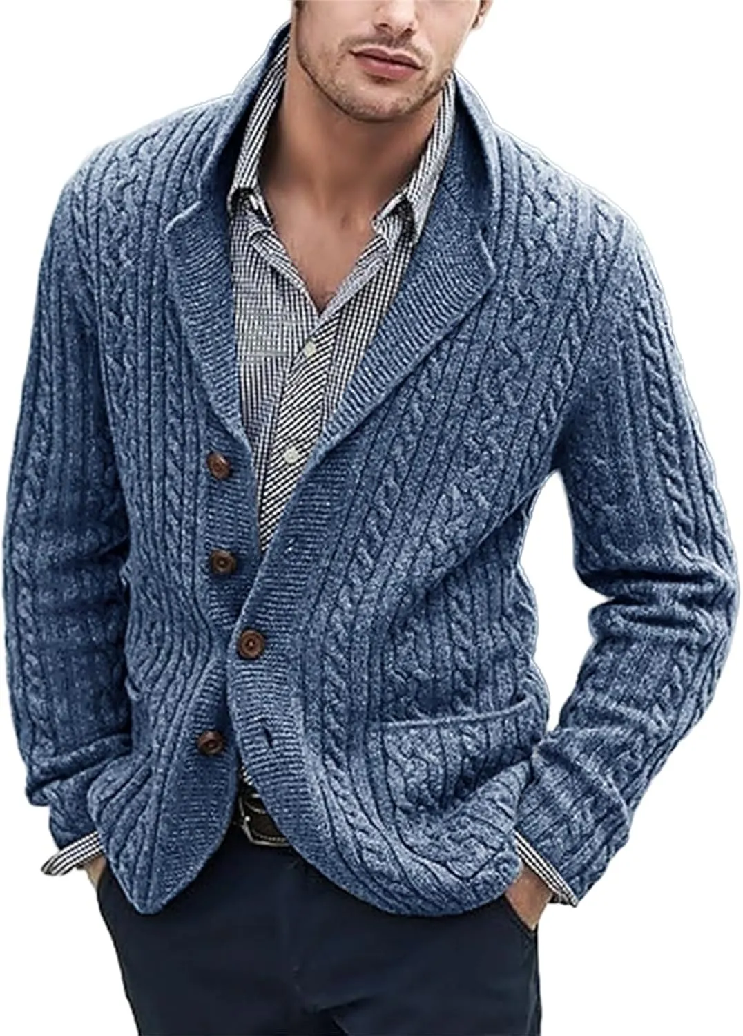 Men's Shawl Collar Sweater Cardigans Casual Cable Knit Button Down Winter Chunky Ribbed Sweaters