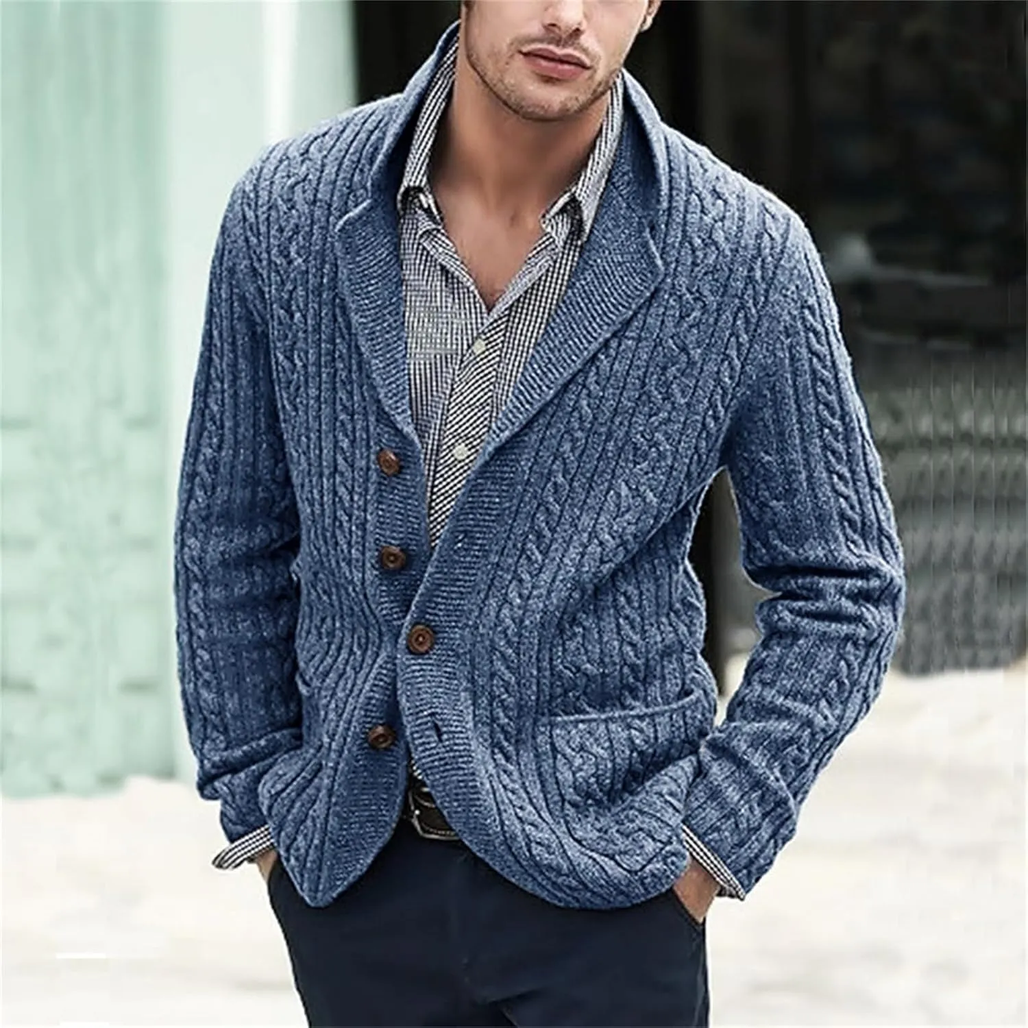 Men's Shawl Collar Sweater Cardigans Casual Cable Knit Button Down Winter Chunky Ribbed Sweaters