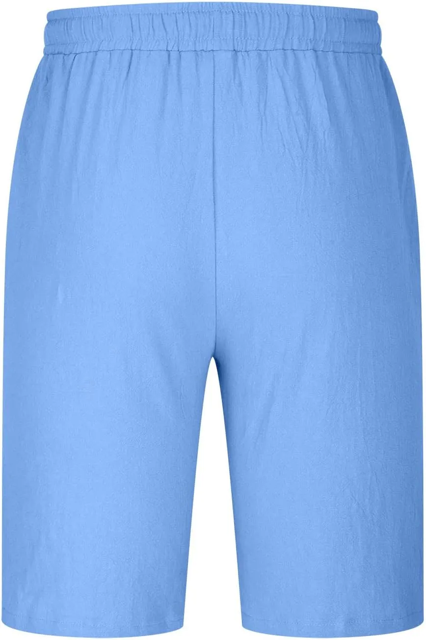 Mens Shorts Casual Cotton Linen Shorts Elastic Waist Drawstring Big and Tall Shorts Loose Fit Summer Beach Shorts Trendy