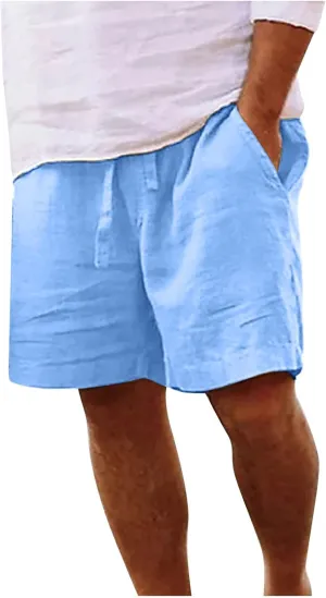 Mens Shorts Casual Cotton Linen Shorts Elastic Waist Drawstring Big and Tall Shorts Loose Fit Summer Beach Shorts Trendy